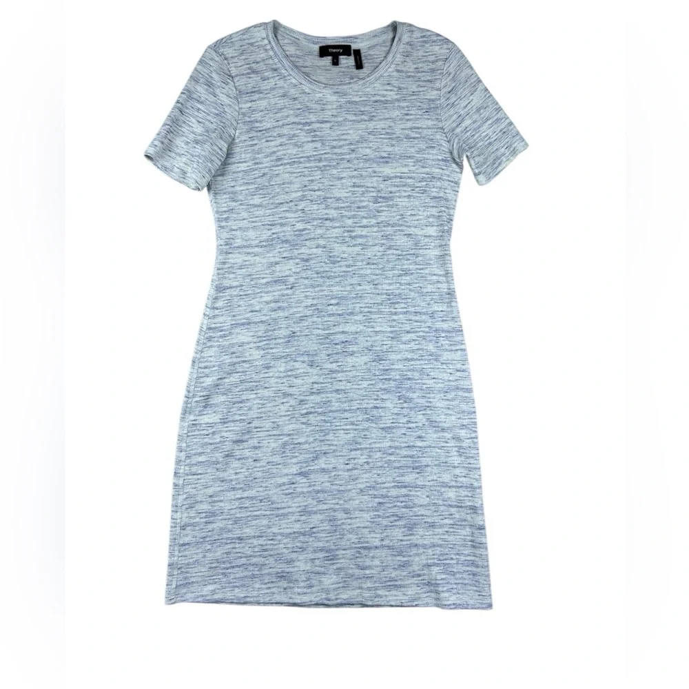 Theory Heathered Blue and Heathered Cream Short Sleeve Mini Dress - Picture 3 of 15